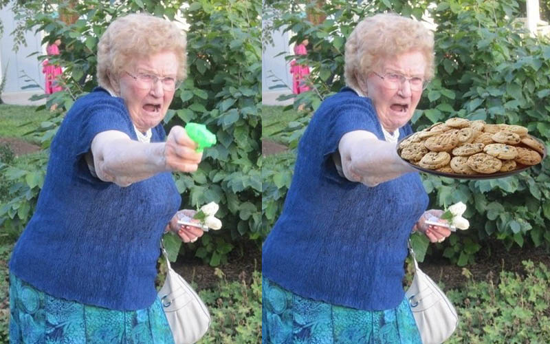 一張「奶奶玩水槍」照片被網友瘋狂神改，奶奶表情太有戲了！笑死ＸＤ 