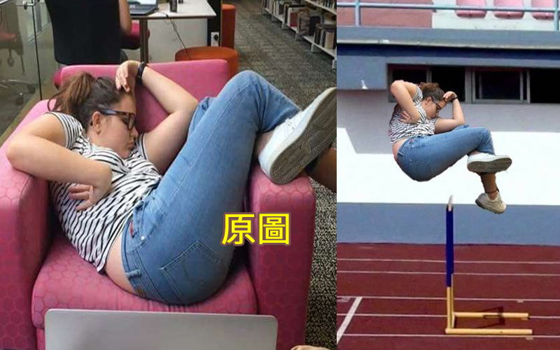 她在圖書館不小心睡著了，因為睡姿太有戲，引來大批網路高手展開一場ＰＳ大賽！ 